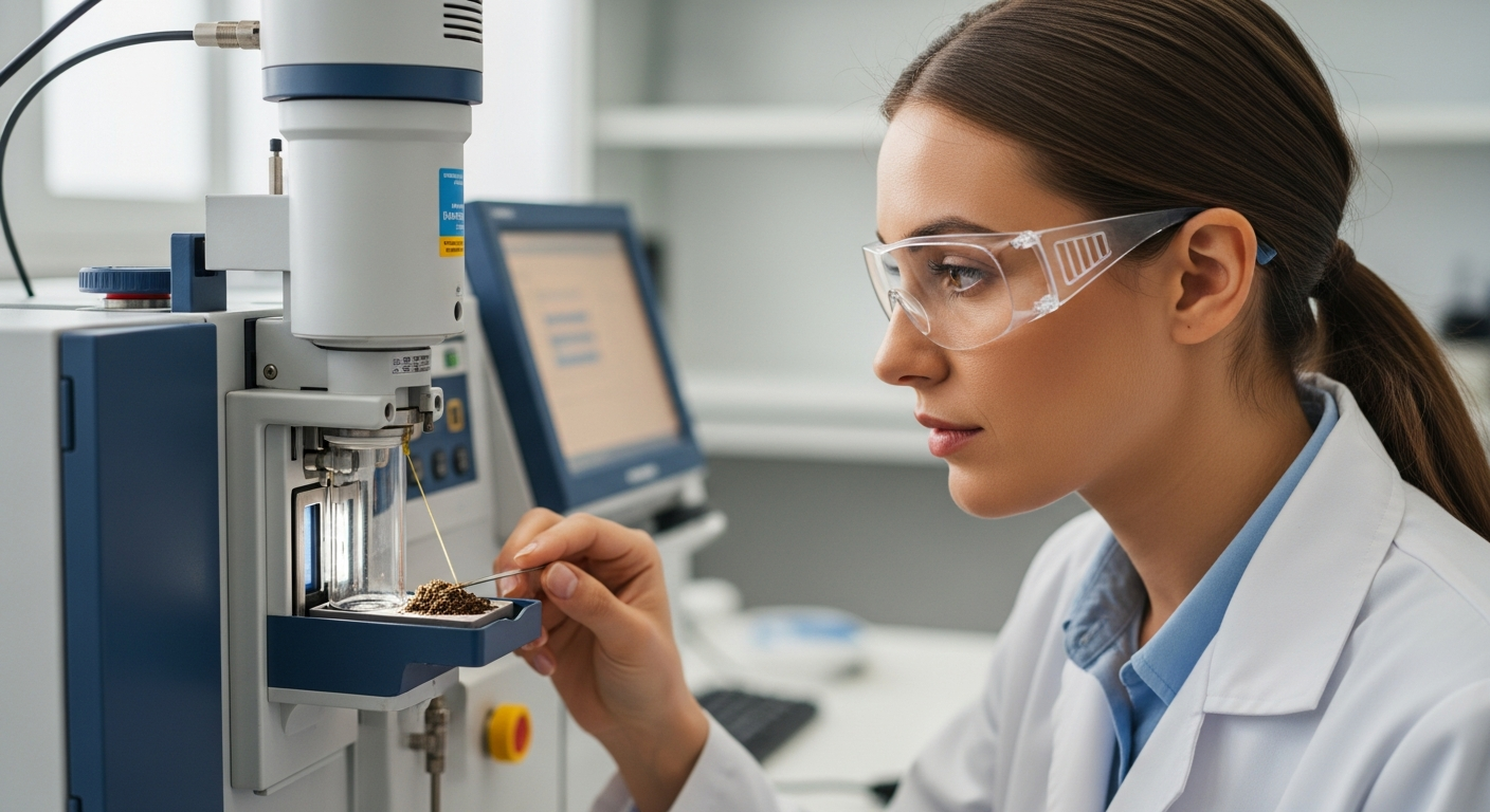 Une scientifique analyse des données d'un spectromètre d'absorption atomique dans un laboratoire.