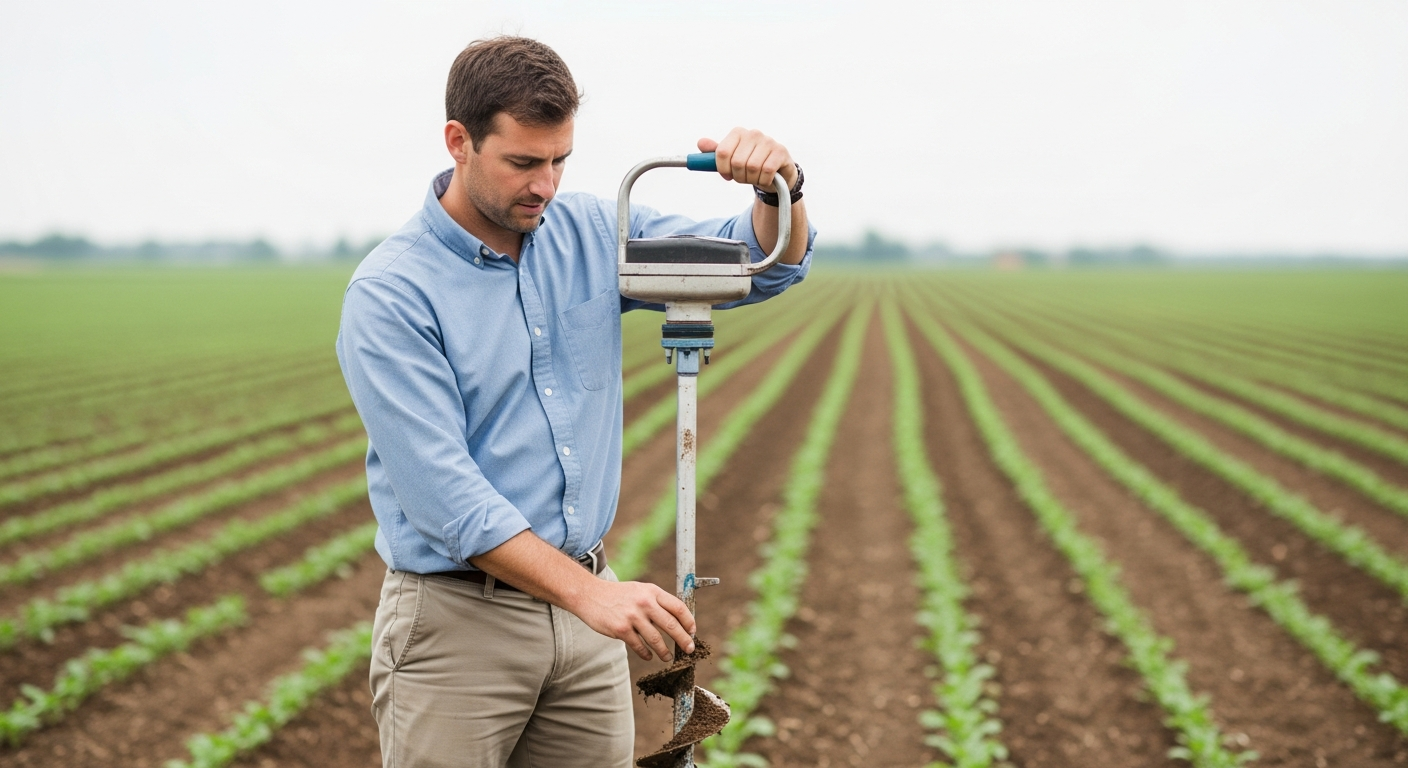 Um homem coleta amostras de solo usando um trado em um campo agrícola.