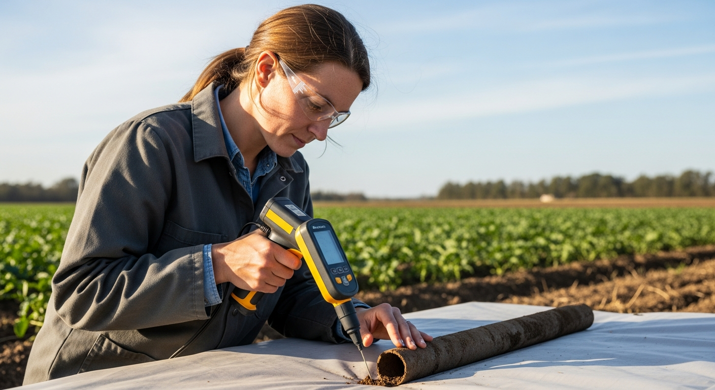 Científica midiendo la cantidad de carbono en una muestra de suelo usando un espectrómetro.