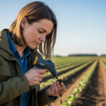 Mulher cientista analisando amostra de solo com espectrômetro em campo agrícola.