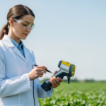 Mulher cientista analisando amostra de solo com espectrômetro em campo de cultivo.