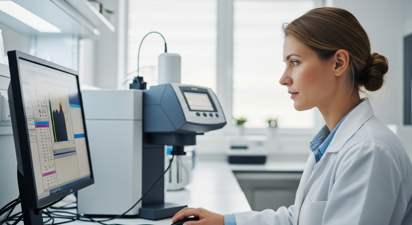 Científica analizando datos de espectroscopía de suelos en un laboratorio.
