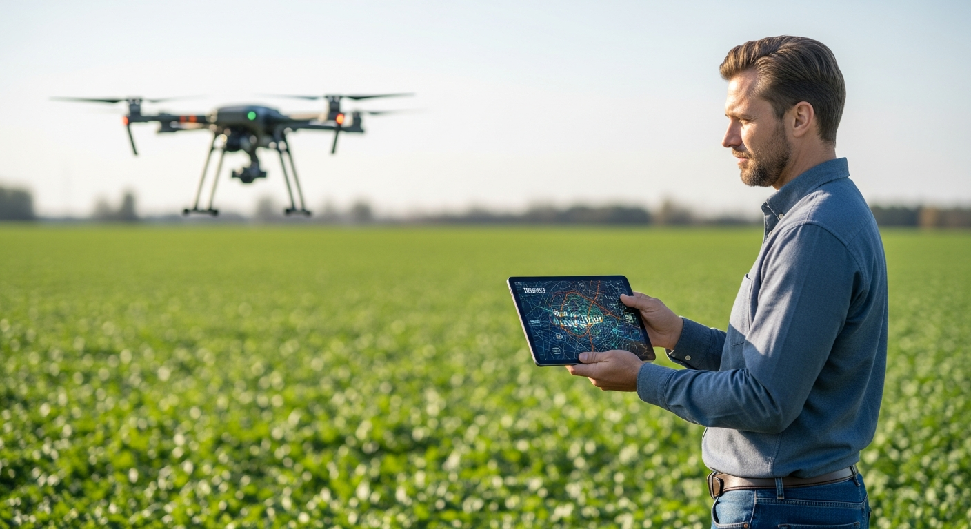Um agricultor observa dados de mapeamento mineral em um tablet enquanto um drone sobrevoa um campo agrícola.