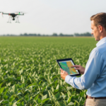 Um cientista agrônomo observa dados de mapeamento mineral em um tablet, com um drone visível no céu sobre um campo de soja.