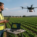 A male agronomist operating a drone with a soil spectroscopy sensor in an agricultural field, analyzing data on a laptop.