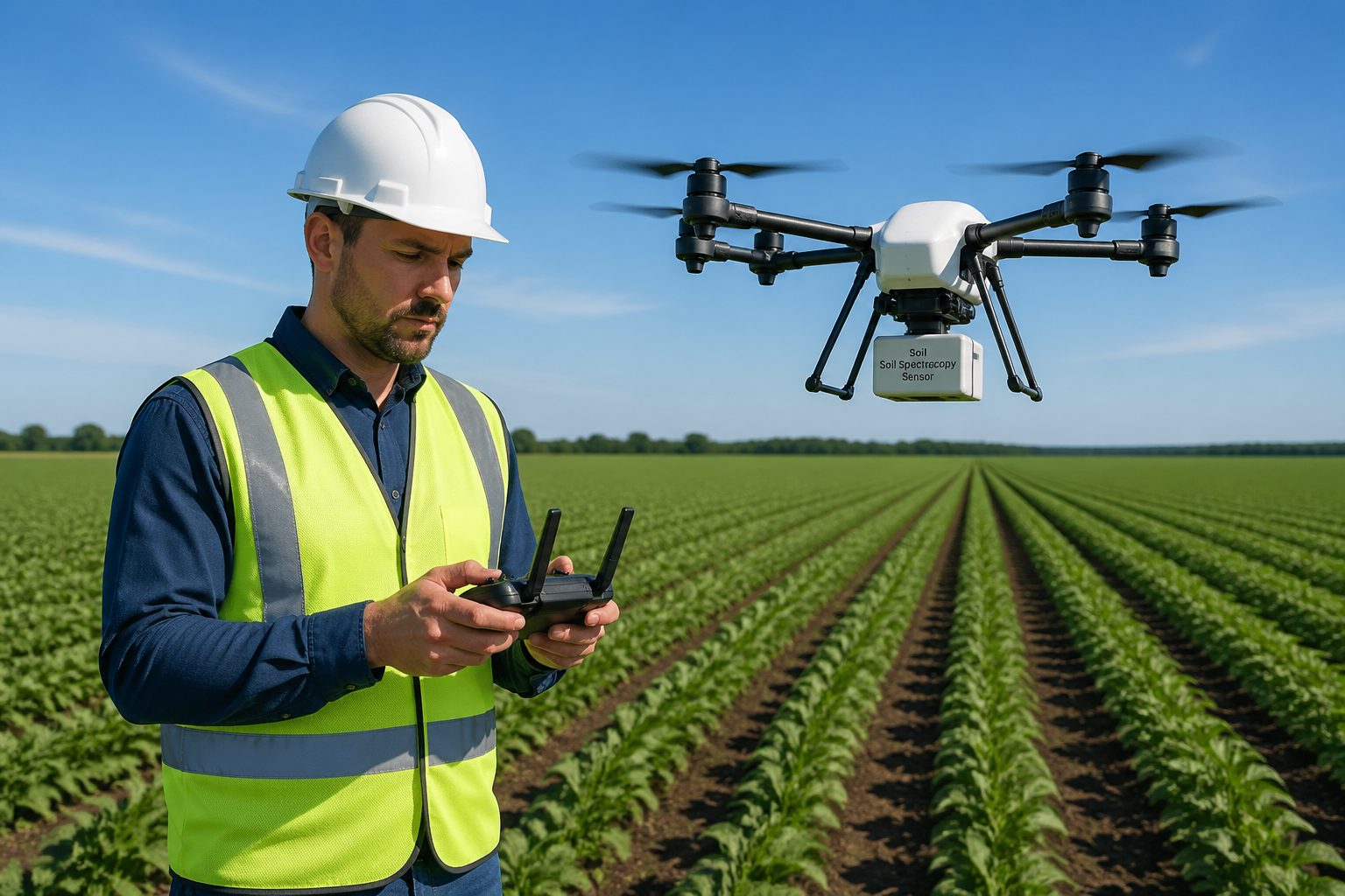 A male agronomist operating a drone for soil spectroscopy in an agricultural field