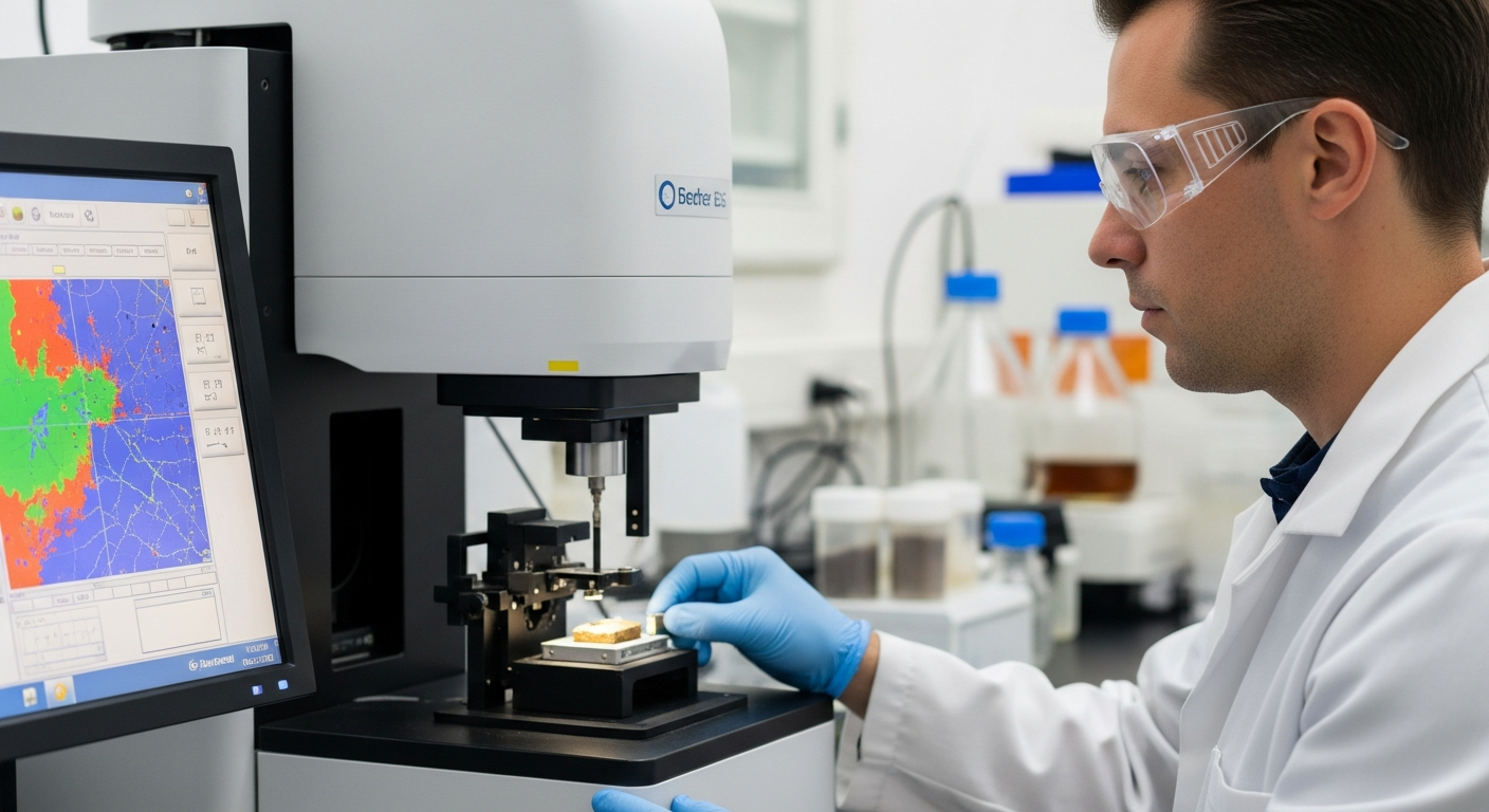 Un scientifique analyse un échantillon de sol avec un spectromètre à rayons X à dispersion d'énergie.