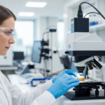 Woman analyzes a soil sample using energy-dispersive X-ray spectroscopy in a laboratory.