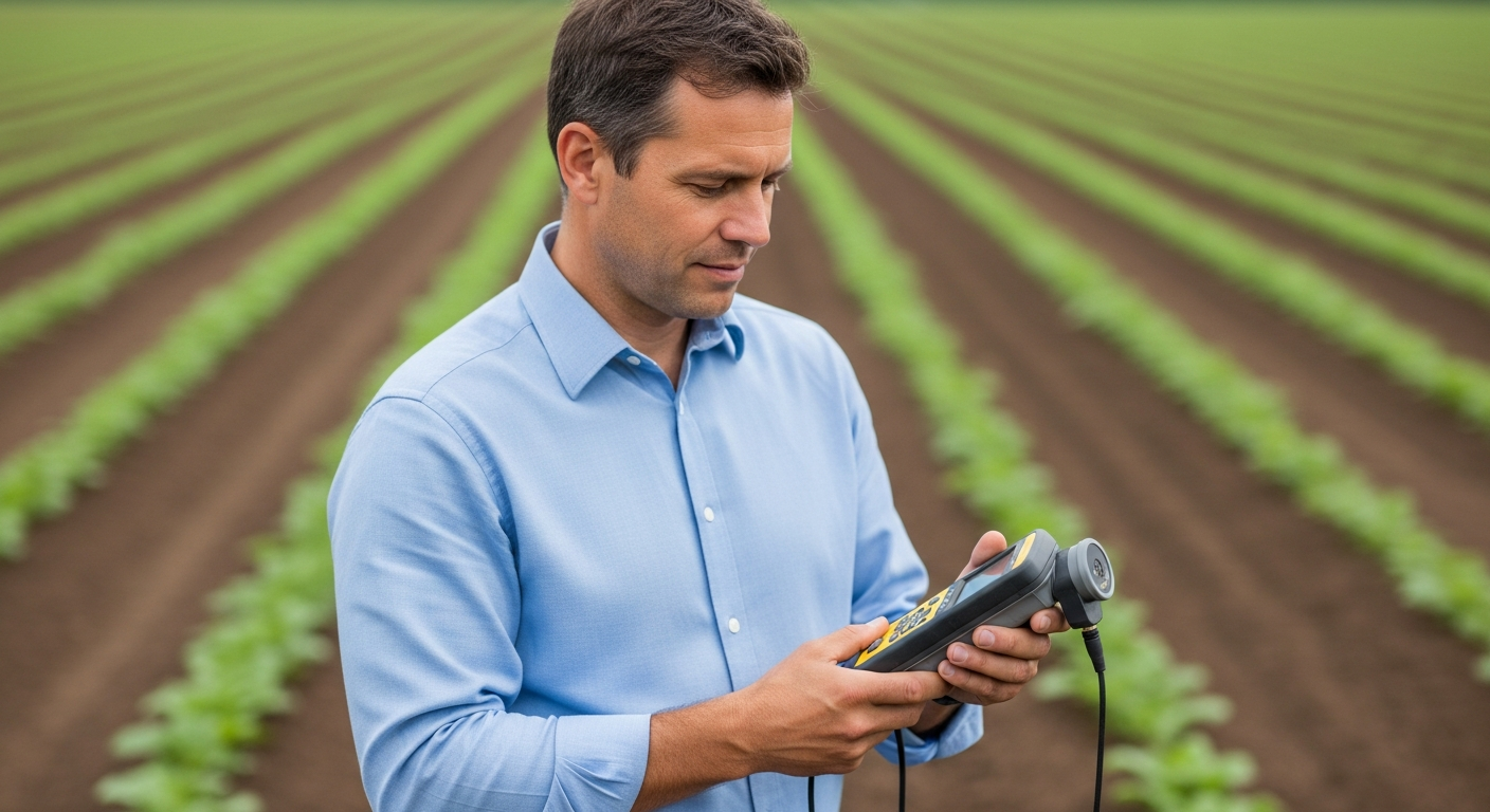 Um cientista do solo analisa uma amostra de terra com um espectrômetro portátil em um campo agrícola.