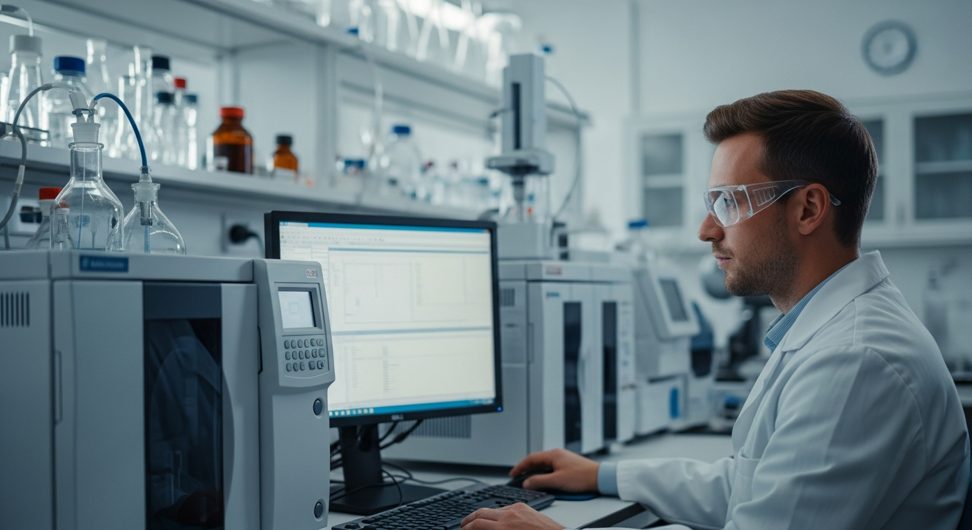 Un scientifique analyse des données de chromatographie en phase gazeuse et de spectrométrie de masse dans un laboratoire.