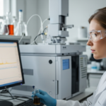 Científica analizando una muestra de suelo con un instrumento de cromatografía de gases y espectrometría de masas (GC-MS) en un laboratorio.