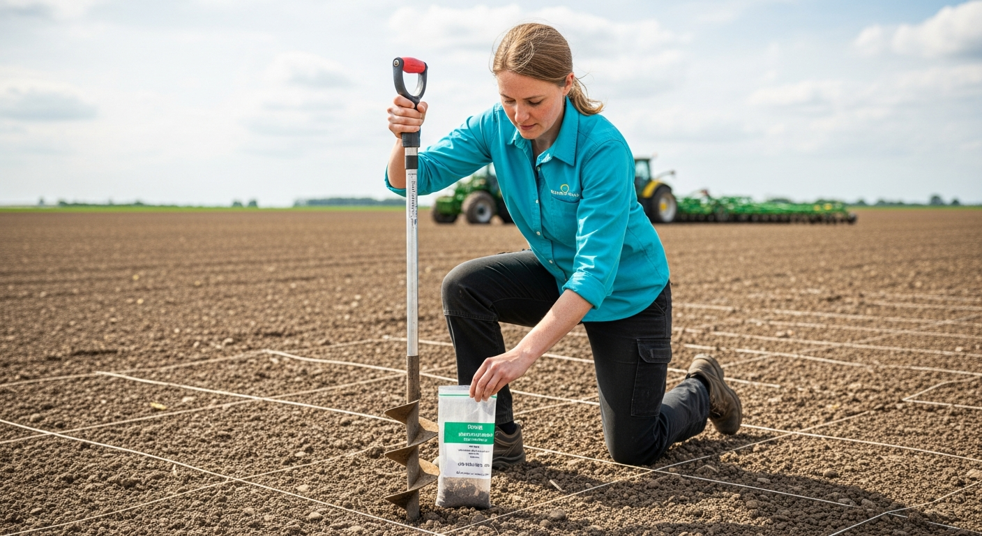 Uma cientista do solo coleta amostras de terra em um campo agrícola usando um padrão de grade.
