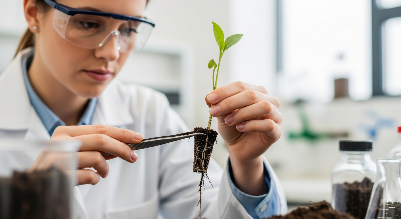 Científica examina las raíces de una planta en un laboratorio.
