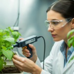 Científica analizando una planta en un laboratorio para estudiar la absorción de metales pesados.