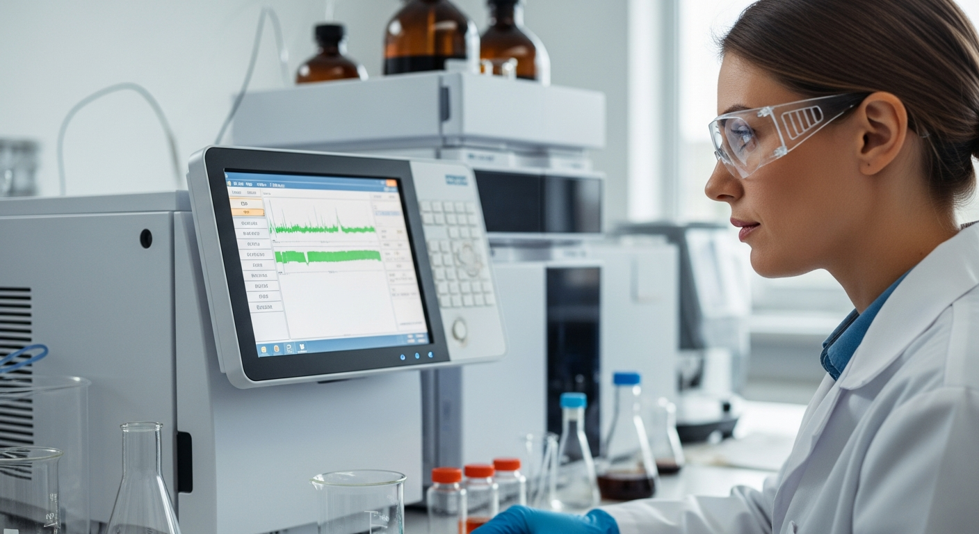 Científica analizando compuestos polares en suelo mediante cromatografía líquida de alta resolución (HPLC) en un laboratorio.