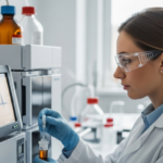 Científica analizando una muestra de suelo mediante cromatografía líquida de alta resolución (HPLC) en un laboratorio.