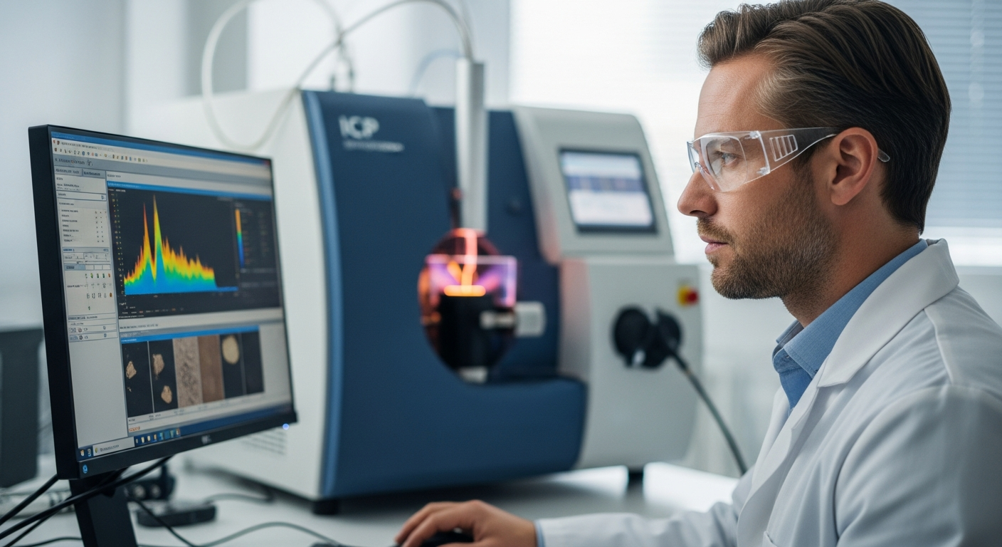 Um cientista analisa dados de espectroscopia ICP em um laboratório, com um espectrômetro ICP visível ao fundo.