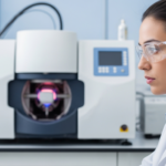 Um cientista analisa dados de espectroscopia ICP em um laboratório.