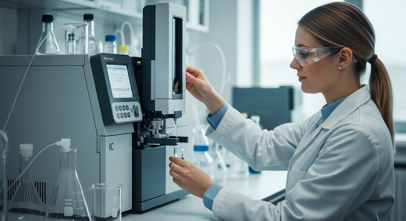 Uma cientista realiza cromatografia iônica em uma amostra de solo em um laboratório.