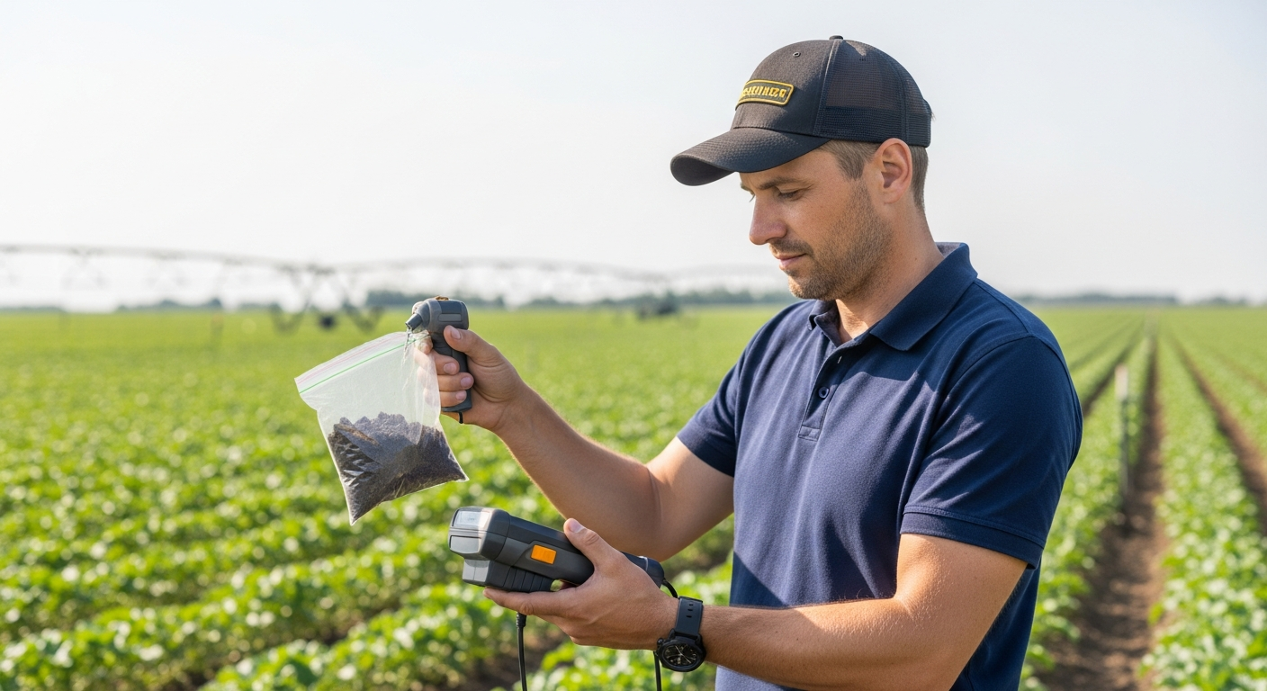 Um agricultor analisa uma amostra de solo com um espectrómetro portátil num campo agrícola.