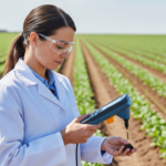 Científica agrícola analizando una muestra de suelo con un espectrómetro portátil en un campo de cultivo.