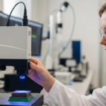 Uma cientista analisa uma amostra de solo com um espectrômetro LIBS em um laboratório.