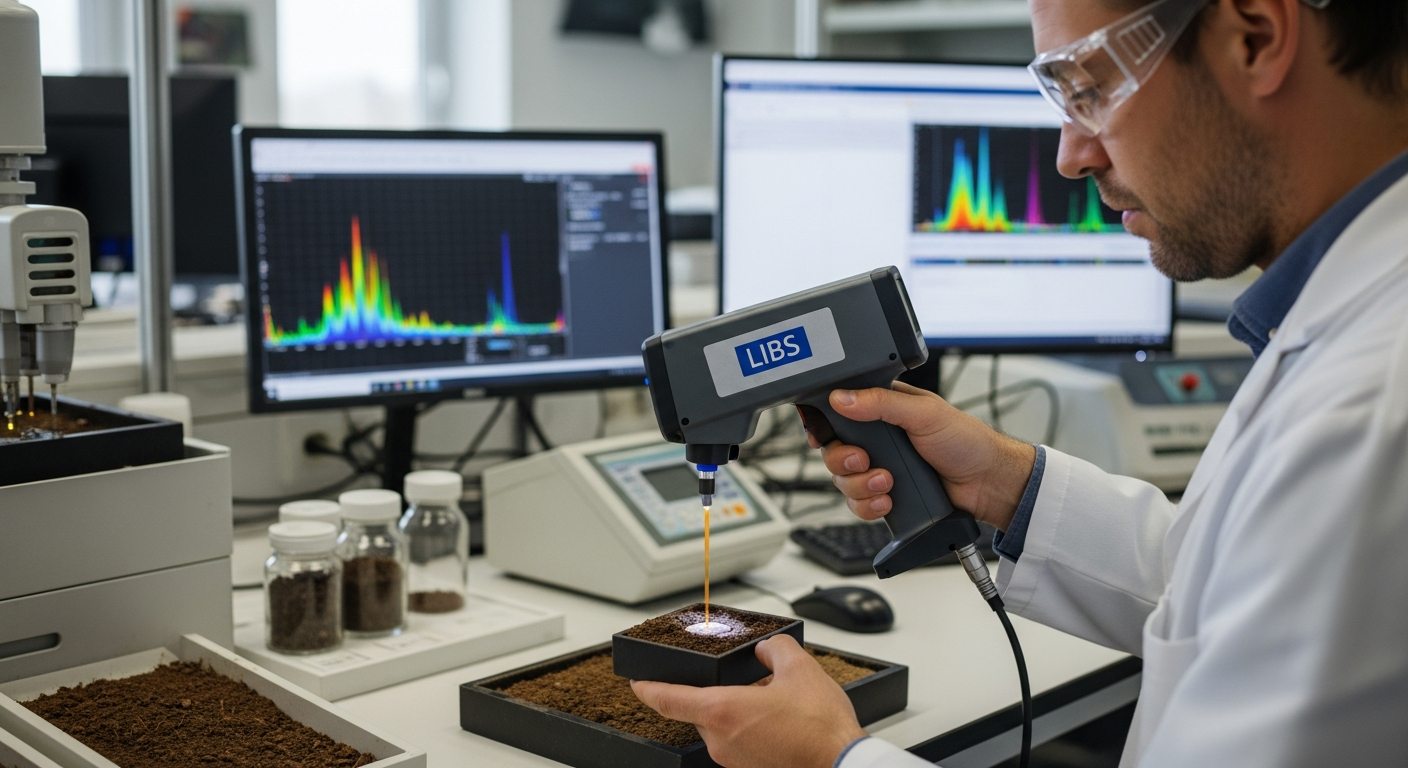 Um cientista usa um dispositivo LIBS portátil para analisar uma amostra de solo em um laboratório agrícola.