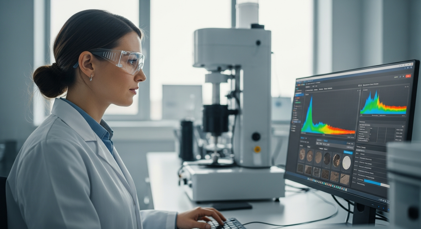 Científica analisa amostras de solo com software de machine learning em laboratório.