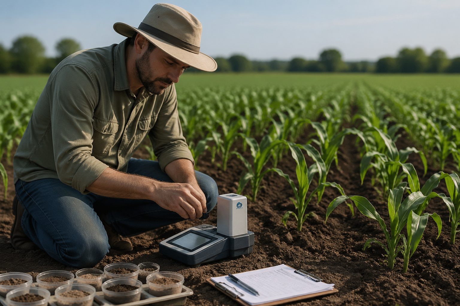 An agronomist using a near-infrared spectroscopy device to measure soil organic matter in an agricultural field.