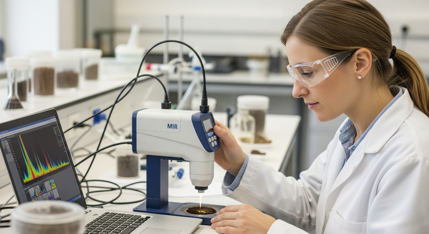 Uma cientista analisa uma amostra de solo com um espectrómetro de infravermelho médio num laboratório.