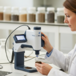 Uma cientista analisa uma amostra de solo com um espectrômetro de infravermelho médio em um laboratório.