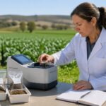 A woman in a lab coat using a near-infrared spectroscopy device to analyze soil samples in a field.