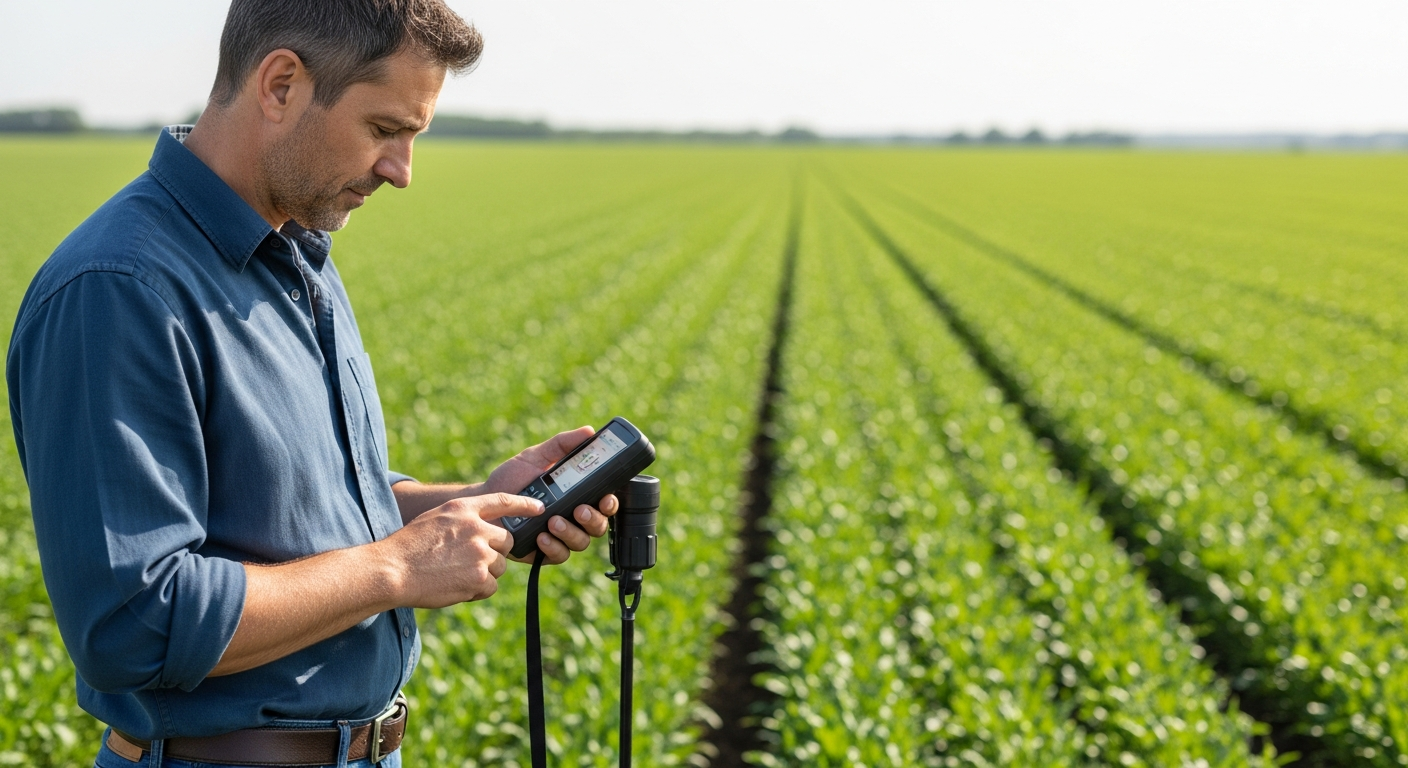 Um homem usando um sensor portátil de solo em um campo agrícola.