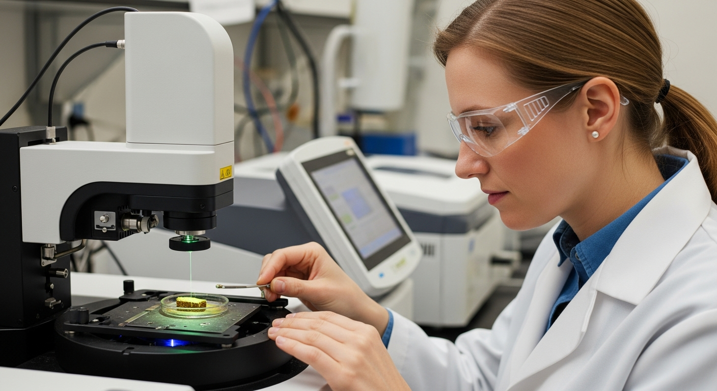 Uma cientista analisa uma amostra de solo com um espectrômetro Raman em um laboratório.