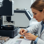 Une scientifique analyse un échantillon de sol avec un spectromètre Raman dans un laboratoire.