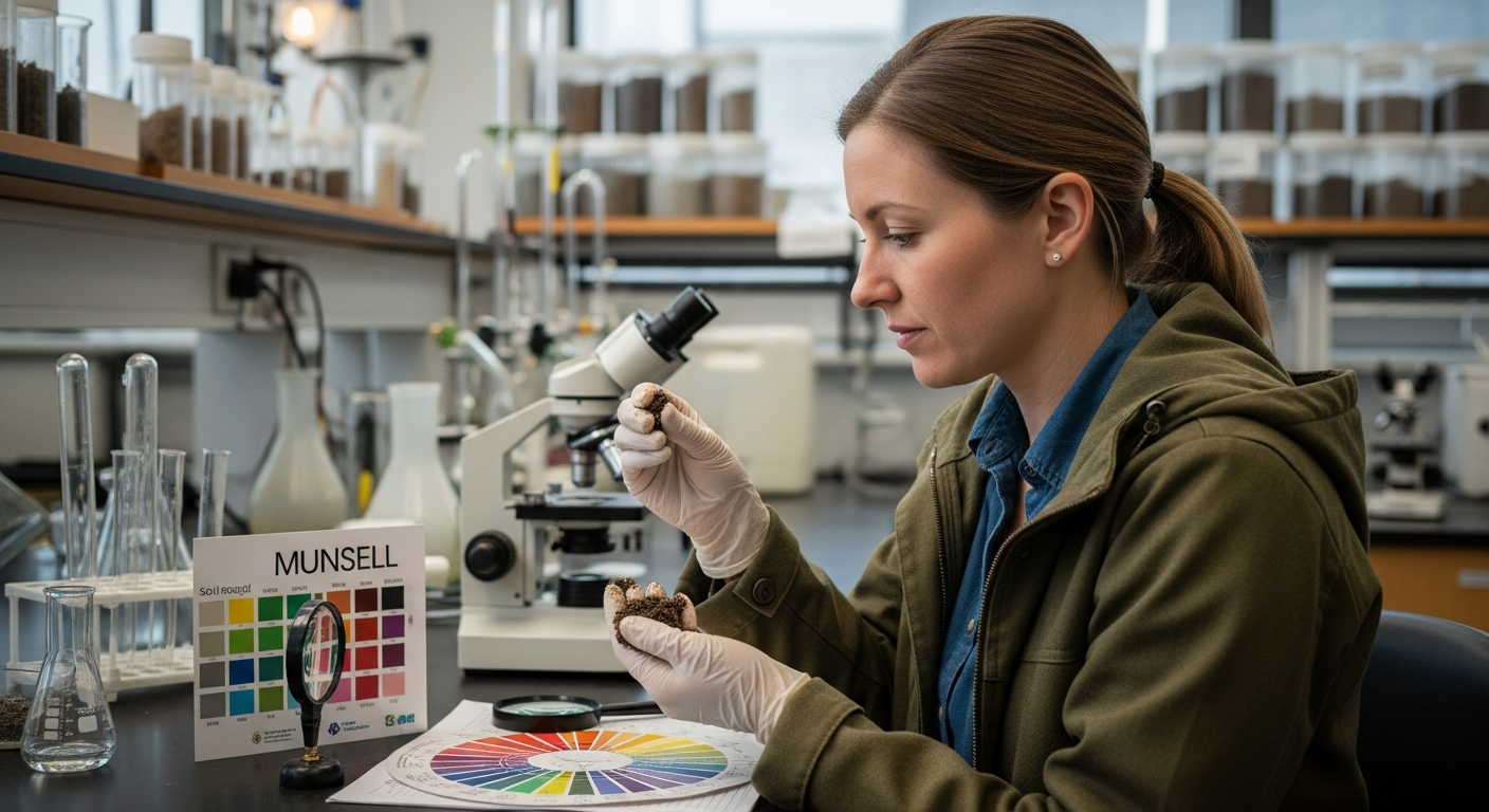 Mulher cientista analisa amostra de solo em laboratório.
