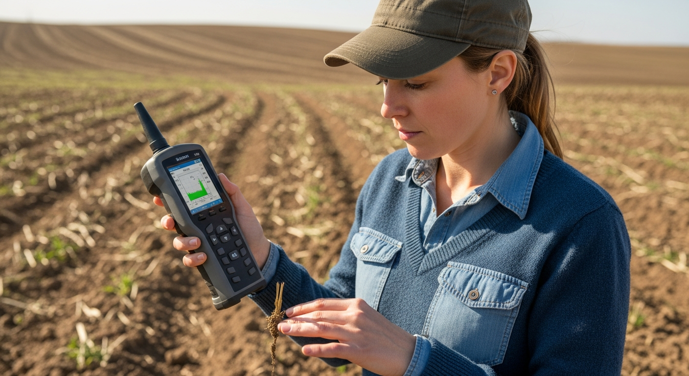 Uma cientista do solo examina uma amostra de solo em um campo usando um espectrômetro portátil.