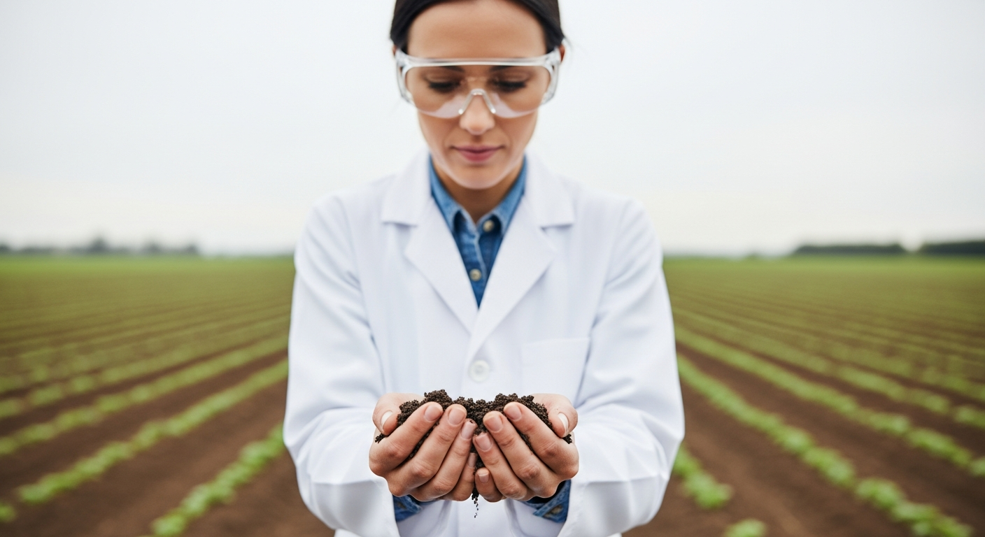 Uma cientista agrícola examina amostras de solo no campo.