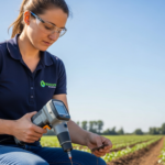 Uma cientista do solo analisa uma amostra de solo com um espectrómetro portátil num campo agrícola.