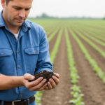 Um agricultor examina uma amostra de solo fértil num campo cultivado.