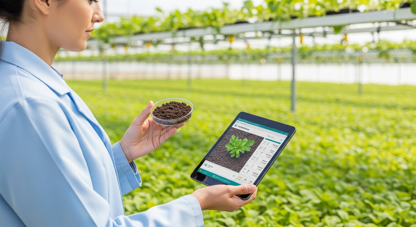 Uma cientista agrícola examina uma amostra de solo e dados de mineralogia em uma estufa.