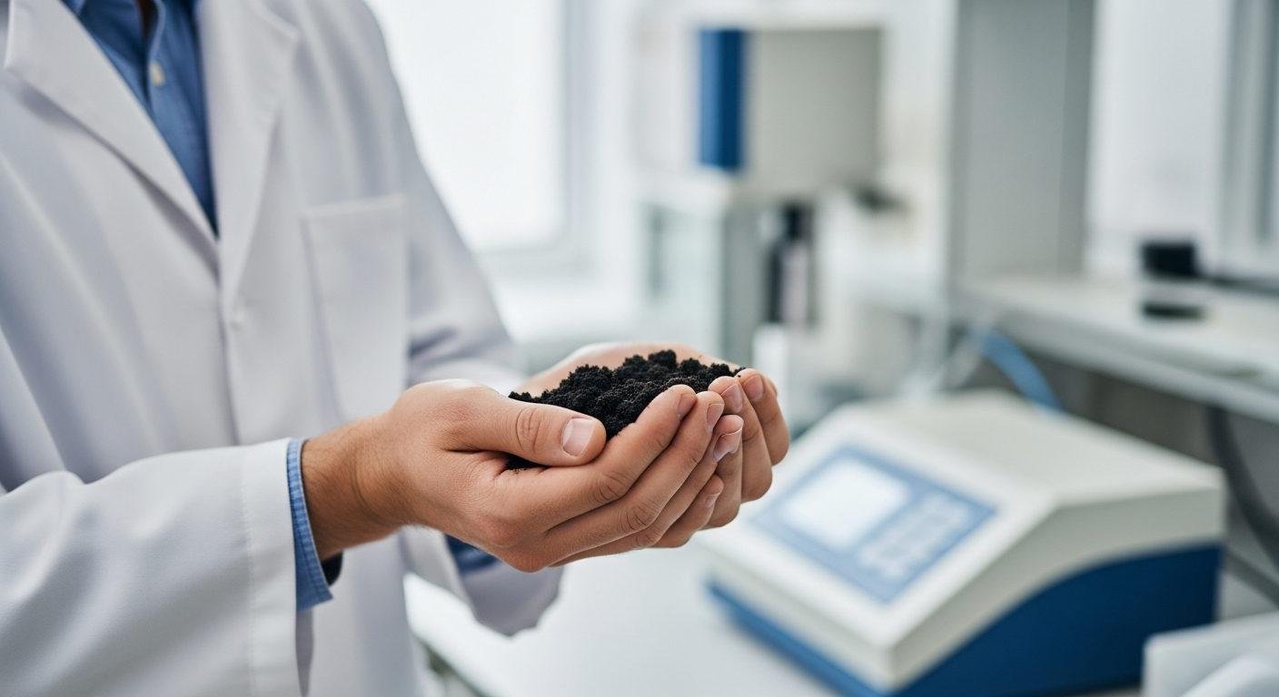 Um cientista analisa amostras de solo em laboratório.
