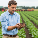 Um homem examina uma amostra de solo em um campo agrícola.
