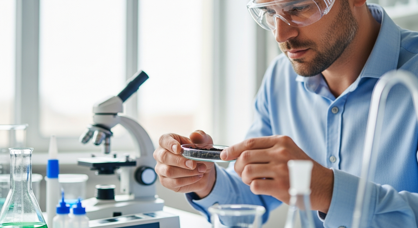 Um cientista do solo examina uma amostra de solo em um laboratório.