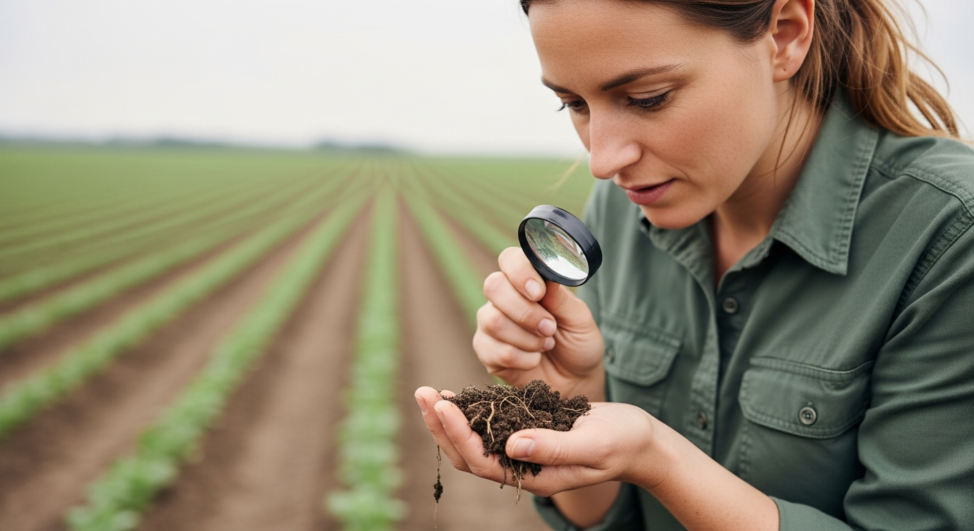 Uma cientista do solo examina a estrutura do solo em um campo agrícola.
