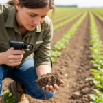 Uma cientista do solo examina uma amostra de terra em um campo agrícola.