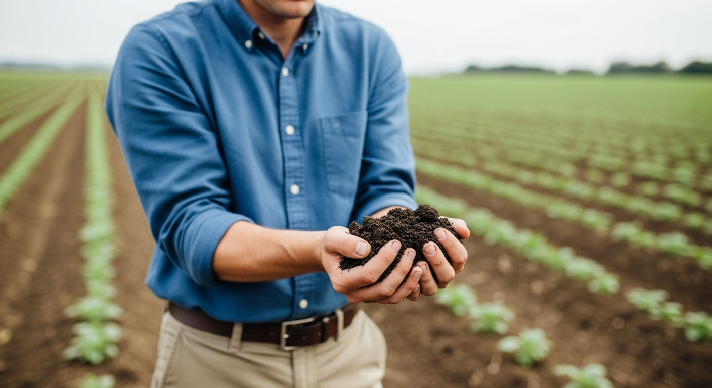 Um cientista do solo examina uma amostra de terra em um campo agrícola.
