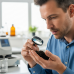 Um cientista do solo examina uma amostra de terra em laboratório.