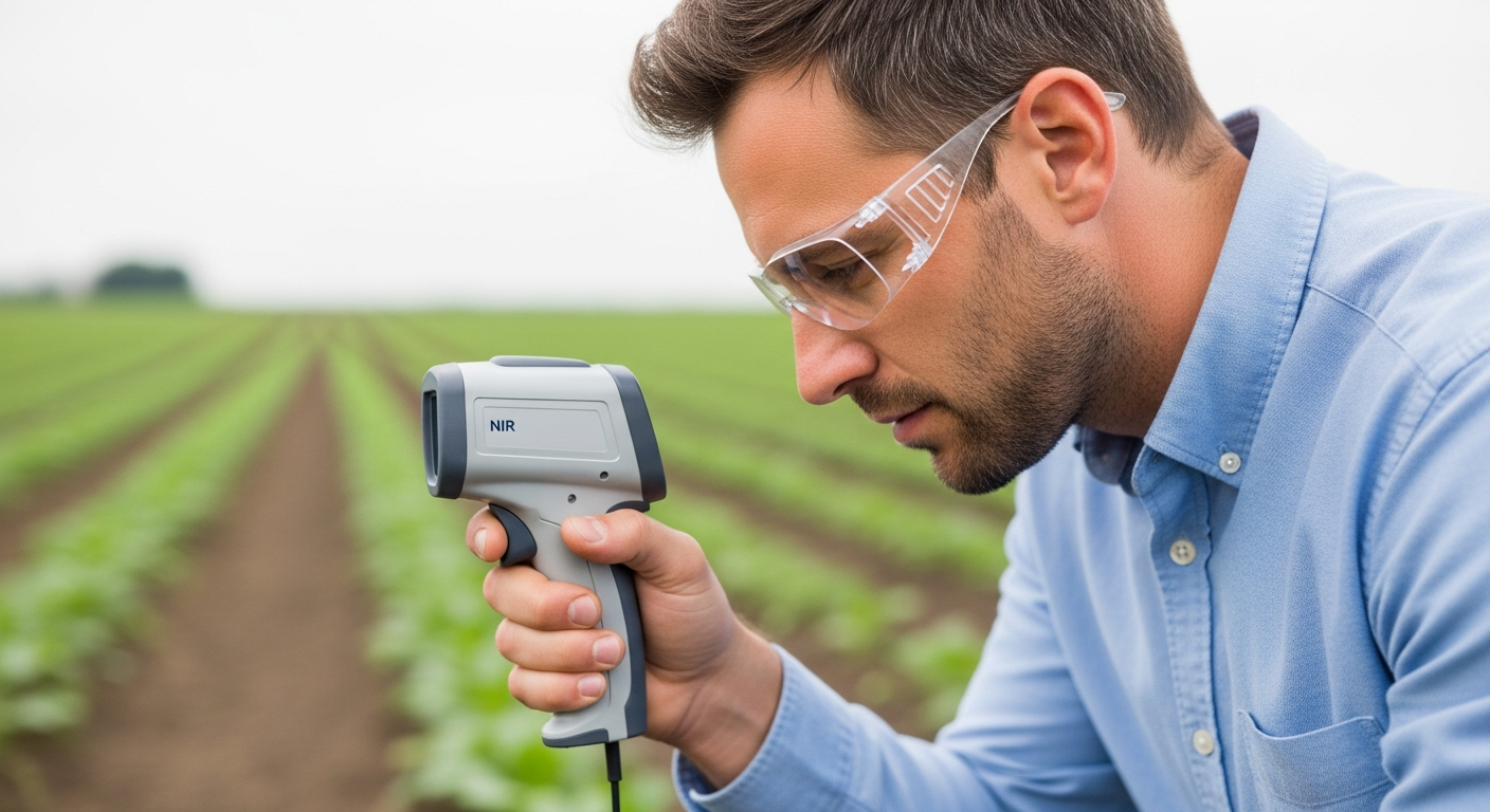 Um cientista agrônomo mede a umidade do solo com um espectrômetro portátil.