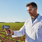 Um cientista agrônomo mede a umidade do solo com um espectrômetro em um campo agrícola.